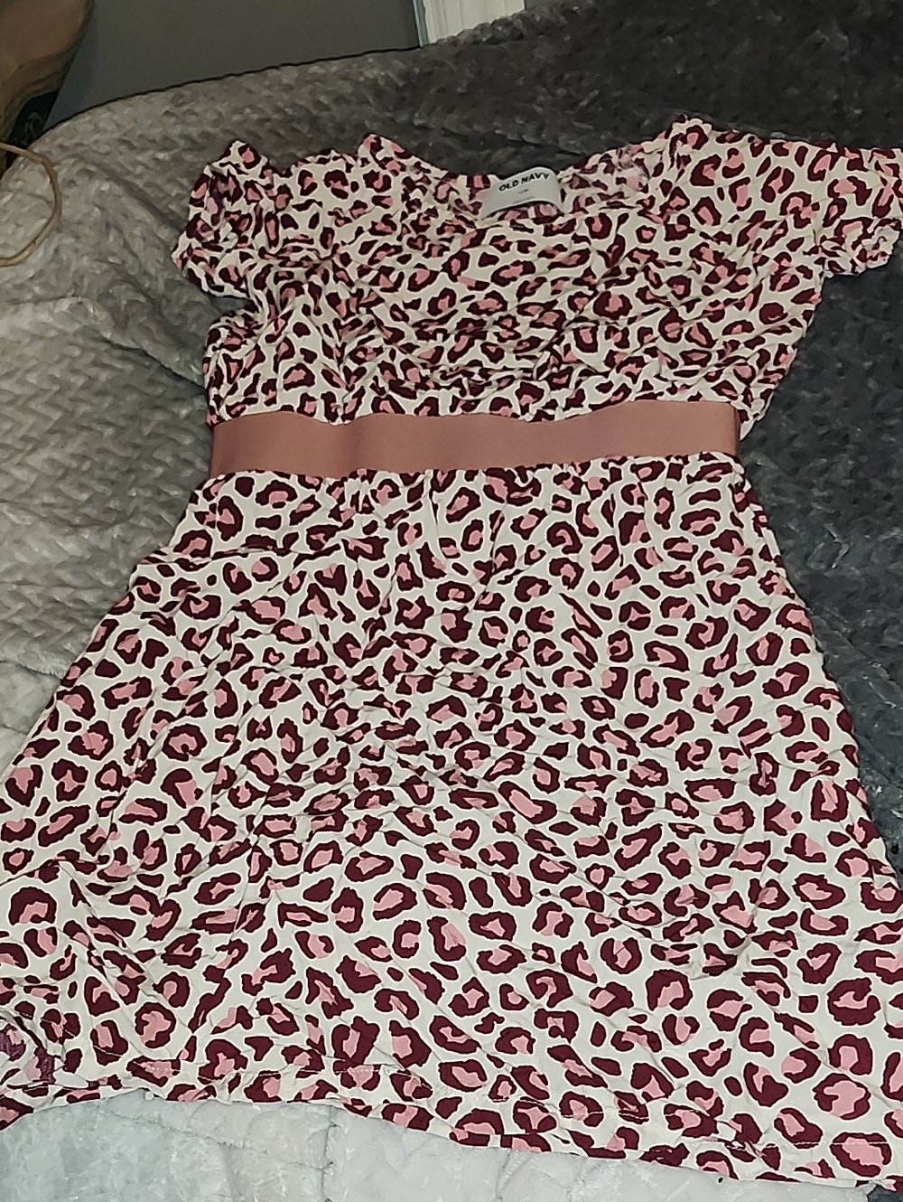 Old Navy White Dress with Pink Leopard Print and Satin Waist
